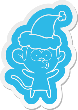 Noel Baba şapkası takan şaşırmış bir maymunun orijinal çizgi film çıkartması.