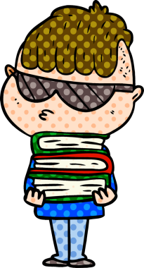 Orijinal çizgi film çocuğu güneş gözlüğü takıyor ve kitap yığını.