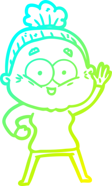 Mutlu, yaşlı bir kadının çizgi film çizimi.