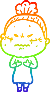 Orijinal gökkuşağı gradyan çizgi çizimi. Sinirli yaşlı bir kadın.