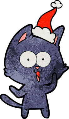 Orijinal komik el çizimi, Noel Baba şapkası takan bir kedinin çizgi filmi.