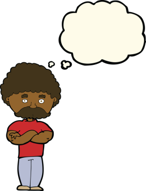 Düşünce baloncuklu kollarını kavuşturmuş orijinal çizgi film babası.