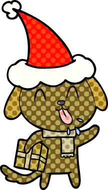 Orijinal şirin el çizimi çizgi roman stili Noel Baba şapkası takan bir köpeğin resmi.