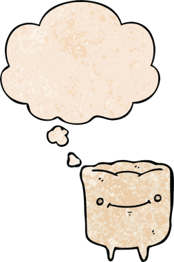 Düşünce baloncuğu ve grunge doku tarzıyla orijinal mutlu diş çizgi filmi.