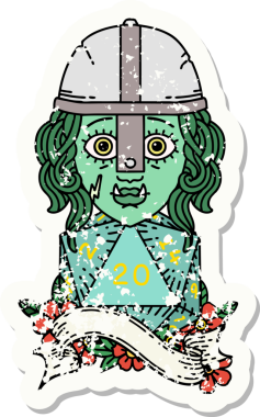 Yarım ork dövüşçüsünün doğal 20 zarlı orijinal grunge çıkartması.