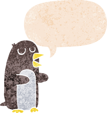 Konuşma baloncuğu ile orijinal çizgi film pengueni grunge sıkıntı retro desenli tarzı