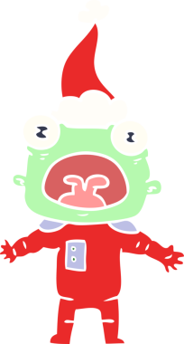 Orijinal el çizimi, Noel Baba şapkası takan garip bir uzaylının düz renkli çizimi.