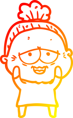 Mutlu yaşlı bir bayanın orjinal, sıcak çizgi çizimi.