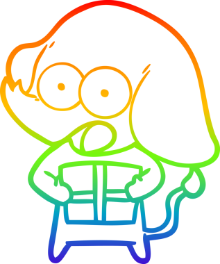 Orijinal gökkuşağı gradyan çizgi çizimi Noel hediyeli şirin bir fil çizgi fili.