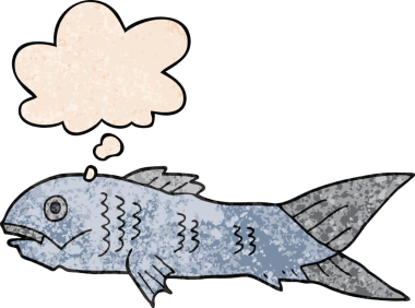 Düşünce baloncuğu ve grunge doku tarzıyla orijinal çizgi film balığı