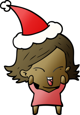 Orijinal mutlu el çizimi, Noel Baba şapkası takan bir kızın çizgi filmi.