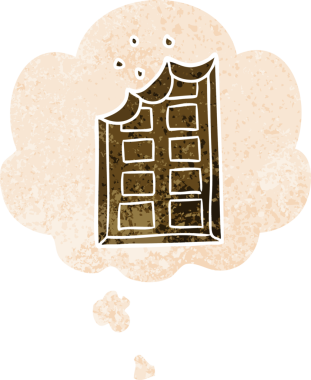 Düşünce baloncuğu ile orijinal çikolata çizgi film çubuğu grunge sıkıntı retro desenli stil