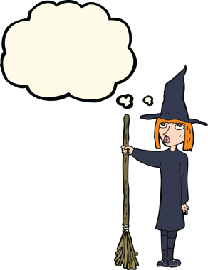 Düşünce baloncuklu orijinal çizgi film cadısı