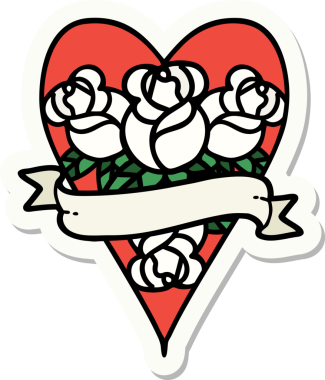 Geleneksel bir kalp ve çiçekli pankart şeklinde orijinal dövme çıkartması.