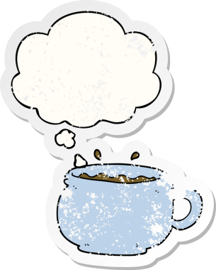 Üzüntülü bir çıkartma olarak düşünce balonlu orijinal bir çizgi film sıcak kahve.