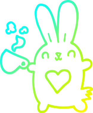 Sevgi dolu kalbi ve kahve fincanı olan sevimli bir tavşanın orjinal soğuk gradyan çizimi