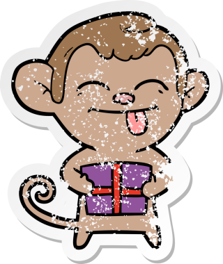 Noel hediyeli komik bir çizgi film maymunun orijinal kederli çıkartması.