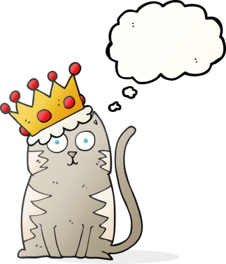 Orijinal serbest çizim baloncuklu, taçlı çizgi film kedisi.