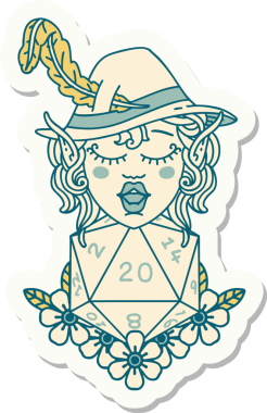 Bir elf ozan karakterinin doğal yirmi zarlı orijinal çıkartması