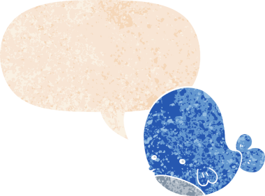 Konuşma balonu olan orijinal çizgi film balinası grunge sıkıntı retro desenli stil