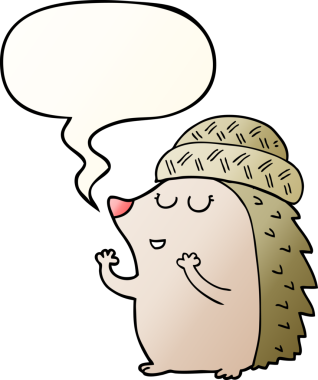 Orijinal çizgi film kirpisi konuşma baloncuklu şapkalı düzgün eğimli.