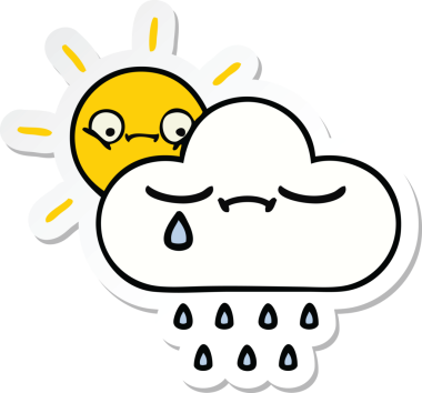 Orijinal bir çizgi film çıkartması. Güneş ışığı ve yağmur bulutu.