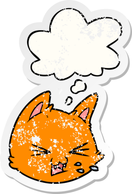 Üzüntülü bir çıkartma gibi düşünce balonlu orijinal çizgi film kedi suratı.