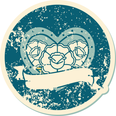 Orjinal ikonik, sıkıntılı çıkartma dövme stili. Çiçekli bir kalp ve pankart.