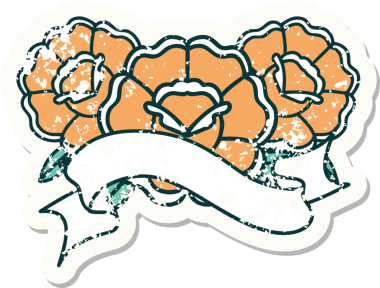 Bir buket çiçeğin bayrağıyla eski püskü bir etiket.