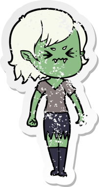 Sinirli bir vampir kız çizgi filminin orijinal üzgün çıkartması.