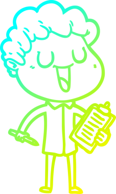 Gülen bir çizgi film karakterinin orjinal soğuk gradyan çizimi. Elinde pano ve kalem vardı.