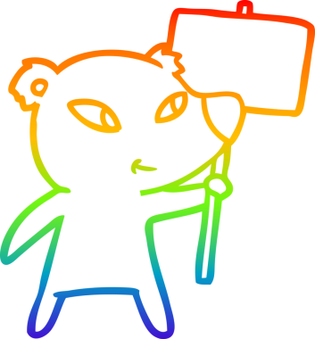 Orijinal gökkuşağı gradyan çizgi çizimi üzerinde protesto işareti olan şirin bir kutup ayısı çizimi