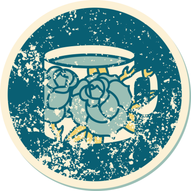 Orijinal ikonik üzgün çıkartma stili bir fincan ve çiçeğin dövmesi.