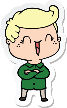 Çizgi filmin orijinal çıkartması. Gülen çocuk kollarını kavuşturuyor.