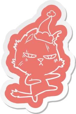 Orijinal sert çizgi film çıkartması Noel Baba şapkası takan bir kedi.