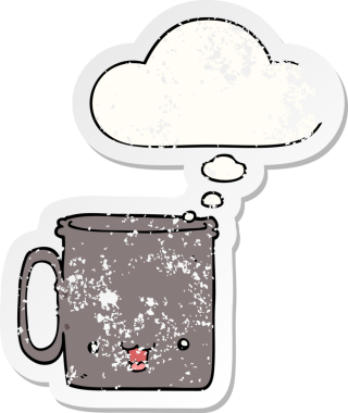 Üzüntülü bir çıkartma olarak düşünce balonlu orijinal çizgi film kupası.