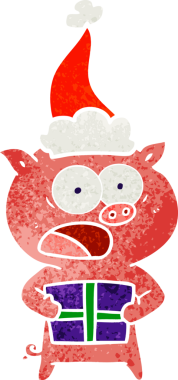 Orijinal el çizimi Noel Baba şapkası takan bir domuzun eski çizgi filmi.