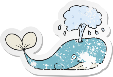 Orijinal gerilim dolu karikatür balinası etiketi su fışkırtıyor.