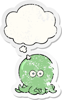 Üzüntülü bir çıkartma olarak düşünce baloncuklu orijinal ahtapot.