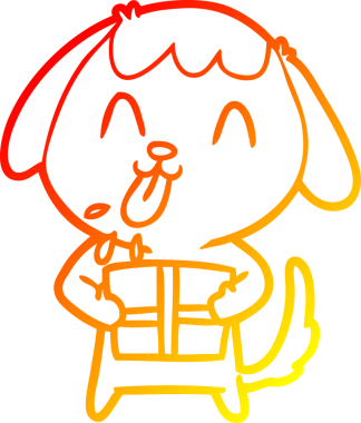 Yeni yıl hediyeli şirin bir çizgi köpeğin orjinal sıcak çizgi çizimi.