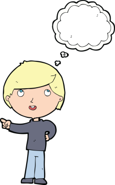 Orijinal çizgi film çocuğu düşünce balonunu işaret ediyor.