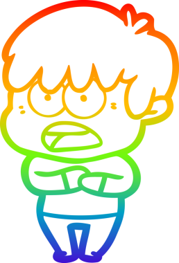 Orijinal gökkuşağı gradyan çizgi çizimi endişeli bir çizgi film çocuğunun