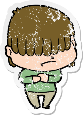 Dağınık saçlı bir çizgi film çocuğunun orijinal üzgün çıkartması.