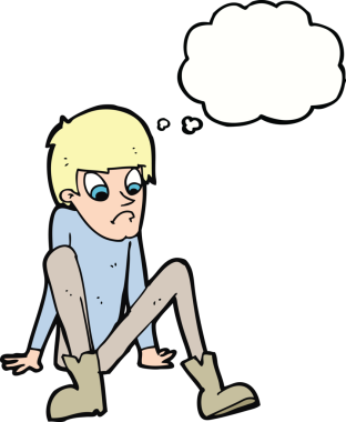 Düşünce baloncuğuyla yerde oturan orijinal çizgi film çocuğu.