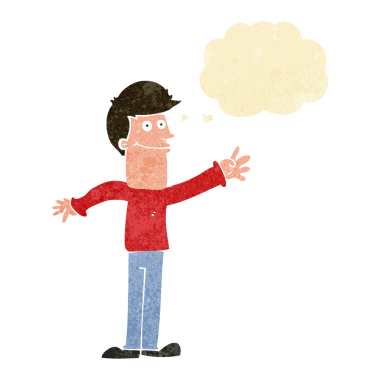 Orijinal çizgi film mutlu adam düşünce kabarcığıyla el sallıyor