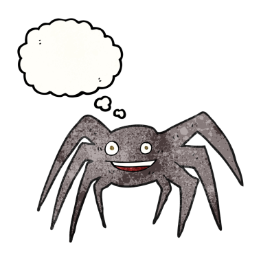 Orijinal serbest çizim düşünce kabarcığı dokulu çizgi film mutlu örümcek.