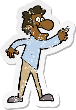 Orijinal gerilmiş karikatür yapıştırması. Çizgi film adamı işaret ediyor ve gülüyor.