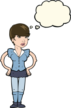 Düşünce baloncuğu olan ellerle kalçaları olan orijinal çizgi film kadını.