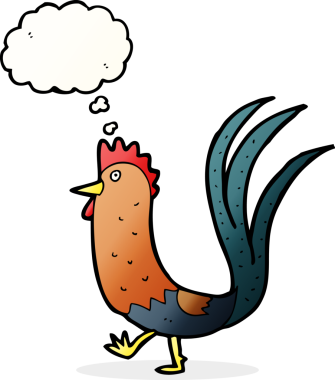 Düşünce baloncuklu orijinal horoz çizgi filmi.