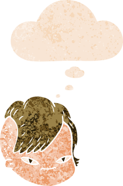 Düşünce baloncuklu orijinal çizgi film kadın yüzü grunge sıkıntı retro desenli stil